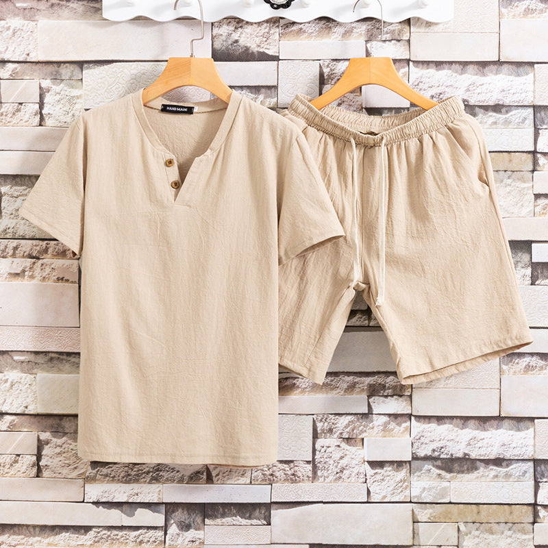 Cotton Linen Linen Solid Color Men's T-Shirt Two-Piece Set