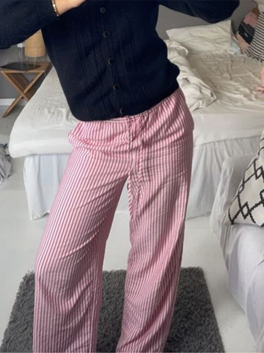 Striped Printed Elastic Waist Drawstring Pocket Straight Casual Trousers