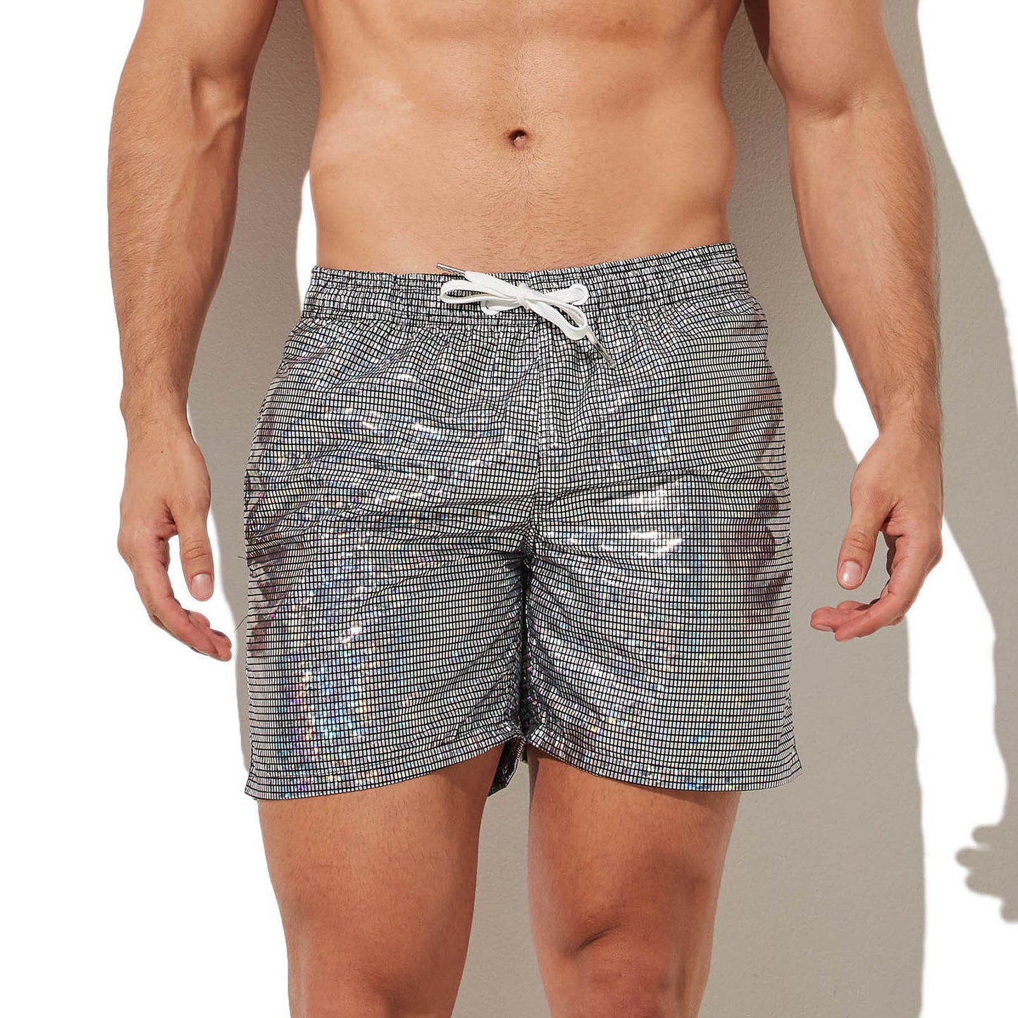 Men's Shiny Printed Loose Beach Drawstring Leisure Shorts