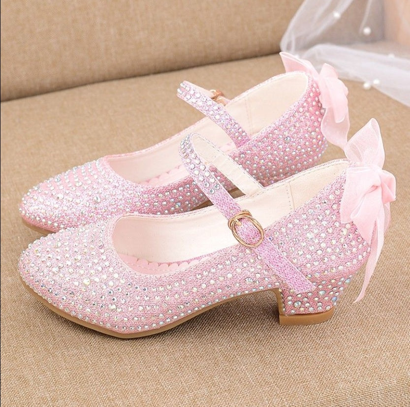 Girls' Leather Shoes Autumn New Bright Diamond High Heeled Shoes Performance Dance Flower Children Silver Medium And Large Children's High Heeled Shoes