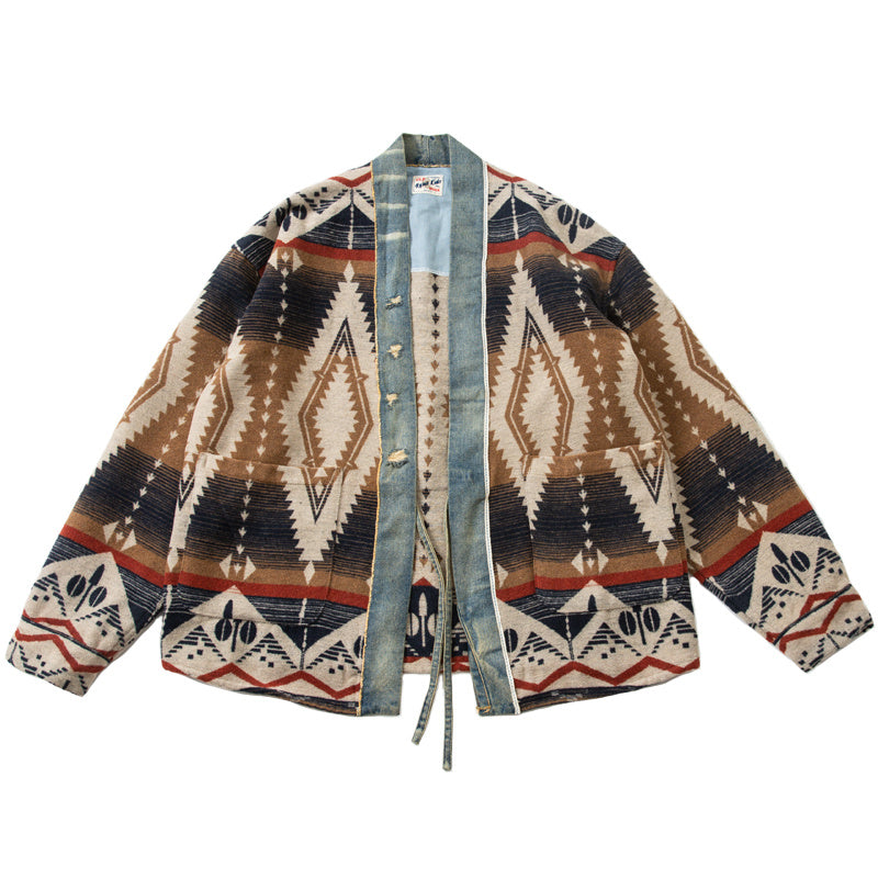 Vintage Denim Patchwork Woolen Coat Man