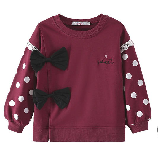 New Girls' Sweater Cute Bow Solid Color Long Sleeve Pullover Children