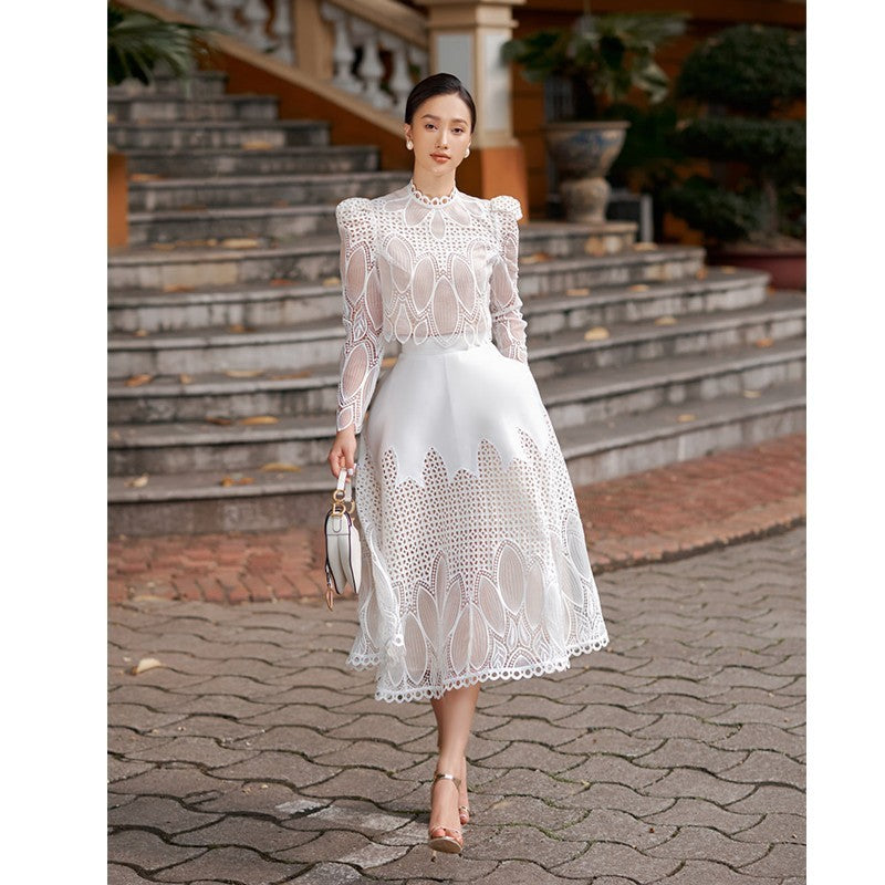 Women's Temperament Standing Collar Long-sleeved Lace Short Top Hollow Half Skirt Set