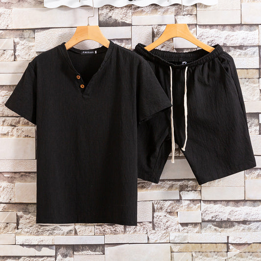 Cotton Linen Linen Solid Color Men's T-Shirt Two-Piece Set