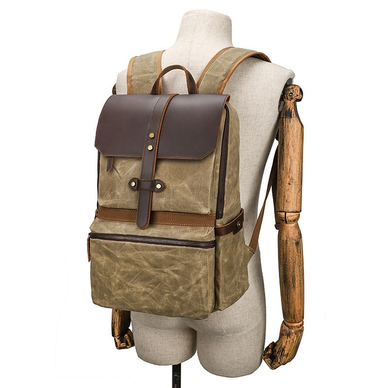 Waterproof Batik Canvas Backpack Crazy Horse Leather Men's Bag