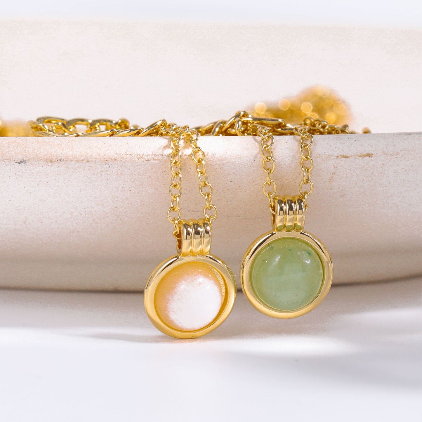 Simple Natural Stone Gem Semi-precious Stone Double Layer Necklace Green Aventurine Figaro Titanium Steel