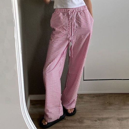 Striped Printed Elastic Waist Drawstring Pocket Straight Casual Trousers